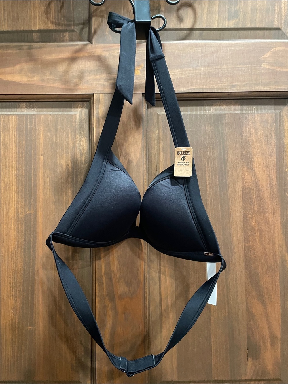 PINK Victoria's Secret Black Halter Push-Up Swim Top with Tie Straps
